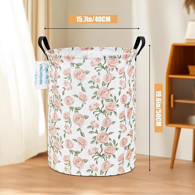 LANGYASHAN Laundry Basket Canvas Fabric Collapsible Organizer Basket for Storage Bin Toy Bins Gift Baskets Bedroom Clothes Children Nursery Hamper (Rose)