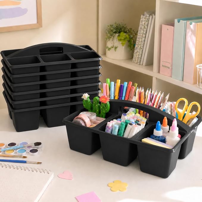 gisgfim 6 Pack Plastic Classroom Caddy with 6-Compartments Plastic Storage Caddies with Handle 6 Compartments Table Caddy Organizer Versatile Table Caddies for Classroom Office Storage, Black