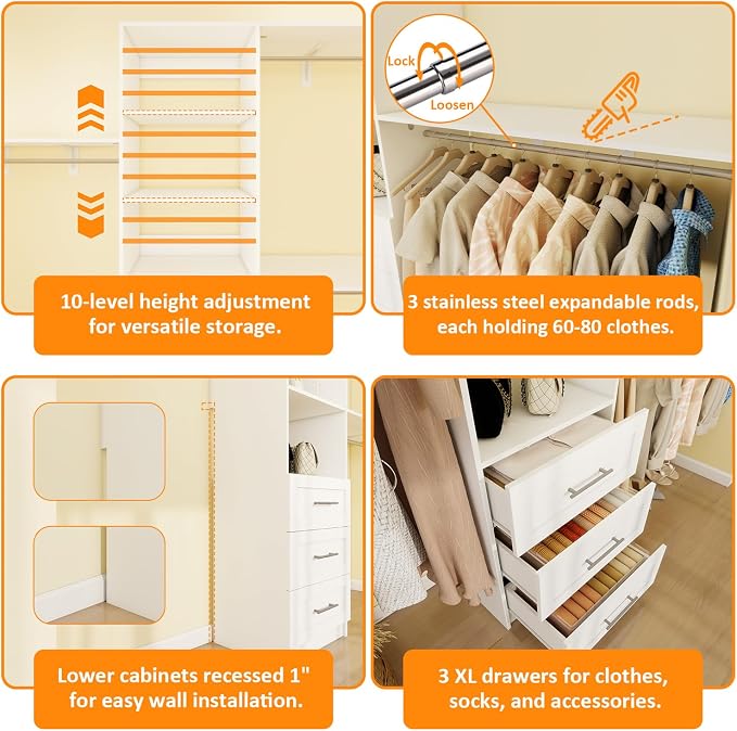 Closet System with Drawers, 5FT-8FT Closet Organizer System with Shelves & Adjustable Hanging Rods, 91.3" Walk in Closet System Storage Wood, White