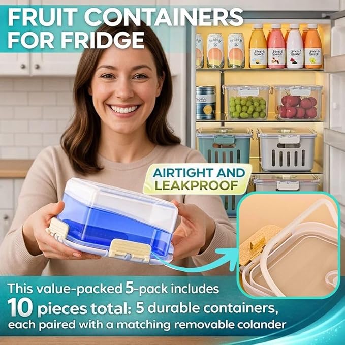 Fruit Containers for Fridge Keep Fresh, 5-Pack Food Storage Containers with Lids, Meal Prep Containers, Fridge Storage with Removable Colander, Microwave & Dishwasher Safe (Cream)