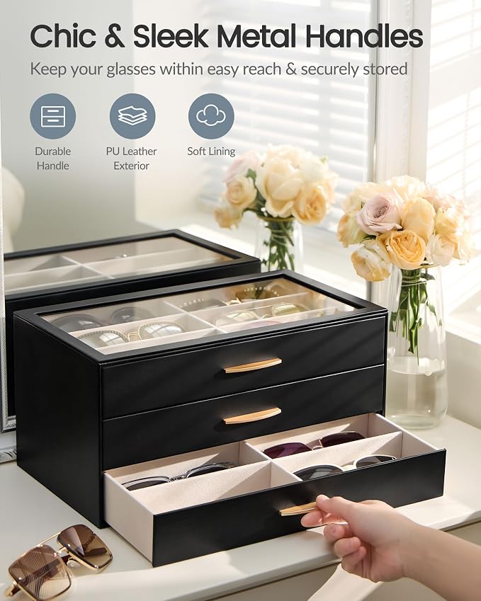 Lolalet Enlarged Sunglasses Organizer for women | Multi Eyewear Storage Box, Eye Glasses Case Display Holder with Clear Lid for Eyeglass Collection