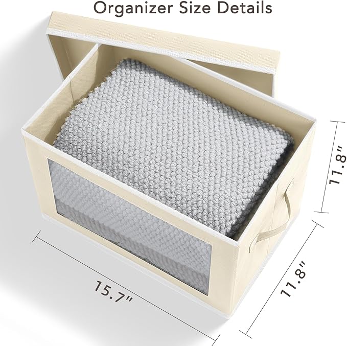 Homsorout Storage Boxes with Lids - 4 Pack Fabric Clear Window Storage Bins, Large Decorative Storage Bins with Handles, Linen Closet Organizer for Clothes, Towel, Blanket, Beige