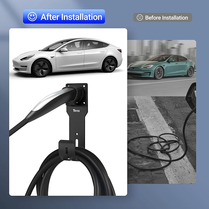 Tera EV Charger Cable Holder for Tesla: Waterproof Wall Mount Connector Organizer with J-Hook for Electric Vehicle Charging Station