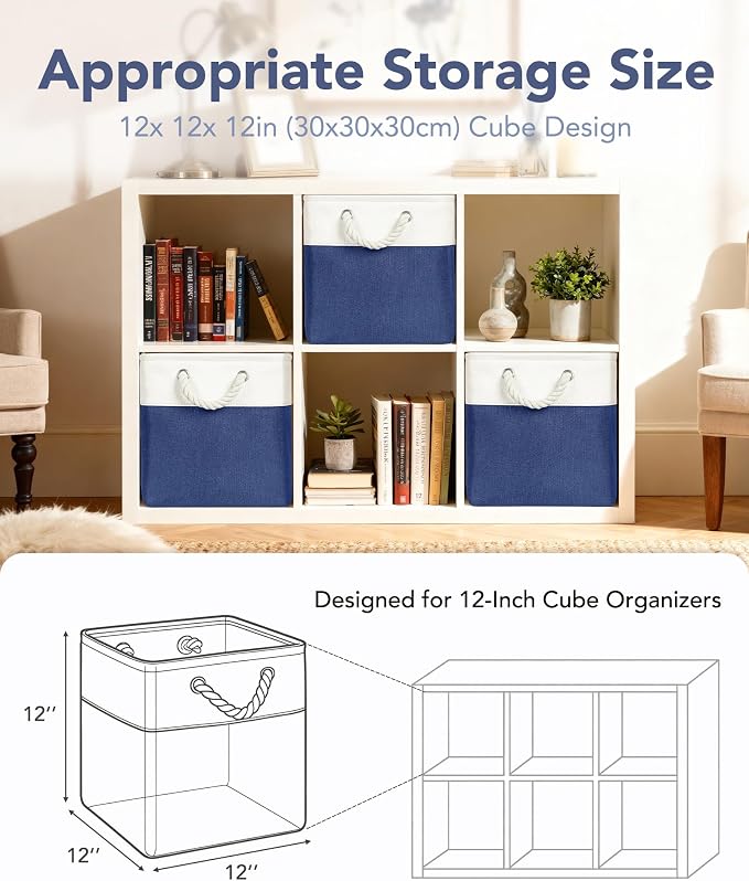 12x12 Inch Fabric Cube Storage Bins with Cotton Rope Handle 6-Pack | Top Support of Metal Frame, Bottom with Cardboard Support, Foldable Storage Bins for Closet, Bedroom, White Blue