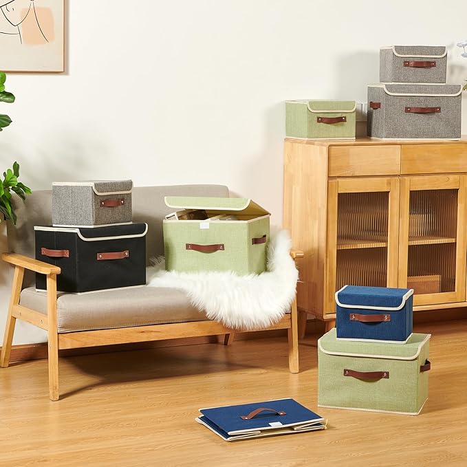 Storage Boxes with Lid Cotton Linen Fabric Storage Bins Organizer Container Decorative Collapsible Washable Shelf Baskets Faux Leather Handles for Home Bedroom Closet (Deep Blue, Small)