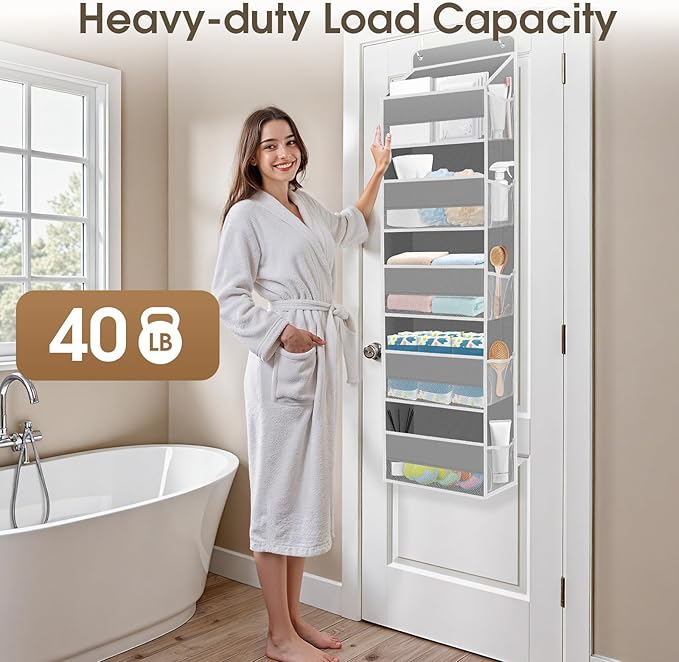SpaceHacks 1 Pack Over The Door Organizer, Hanging Storage Organizer with Clear Window, 40lb Ultra Sturdy Large Capacity Room Organizer for Pantry Laundry Bathroom Nursery Closet Baby Essential (Grey)