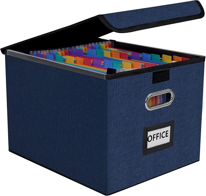 File Organizer Box with 25-Pocket Accordion Folder, File Folder & Protective Lid - Document Storage for Home, Office, School, Navy Blue