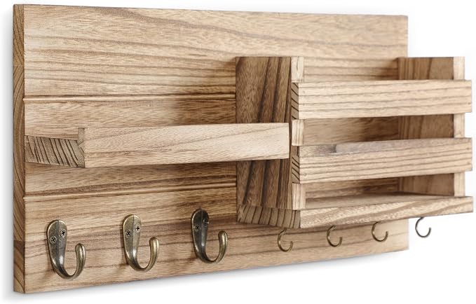 Lwenki Mail Organizer for Wall Mount – Key Holder with Shelf Includes Letter Holder and Hooks for Coats, Dog Leashes – Rustic Wood with Flush Mounting Hardware (16.5” x 8.7” x 3.5”) (Wood)