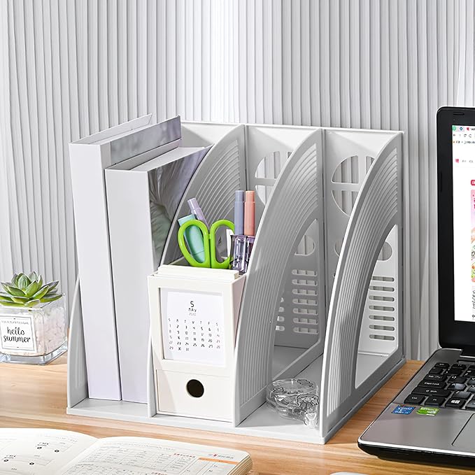 Marte Vanci Magazine File Holder Book Desktop Organizer Plastic Storage Sturdy Vertical 3 Section Folder Light Gray