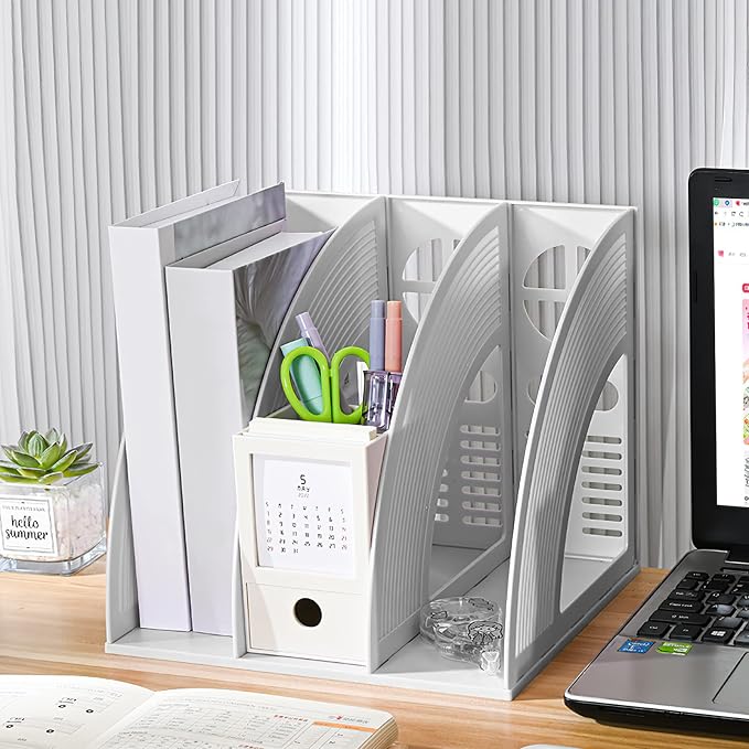 Marte Vanci 2 Pcs Magazine File Holder Book Desktop Organizer Plastic Storage Sturdy Vertical 3 Section Folder (Light Gray)