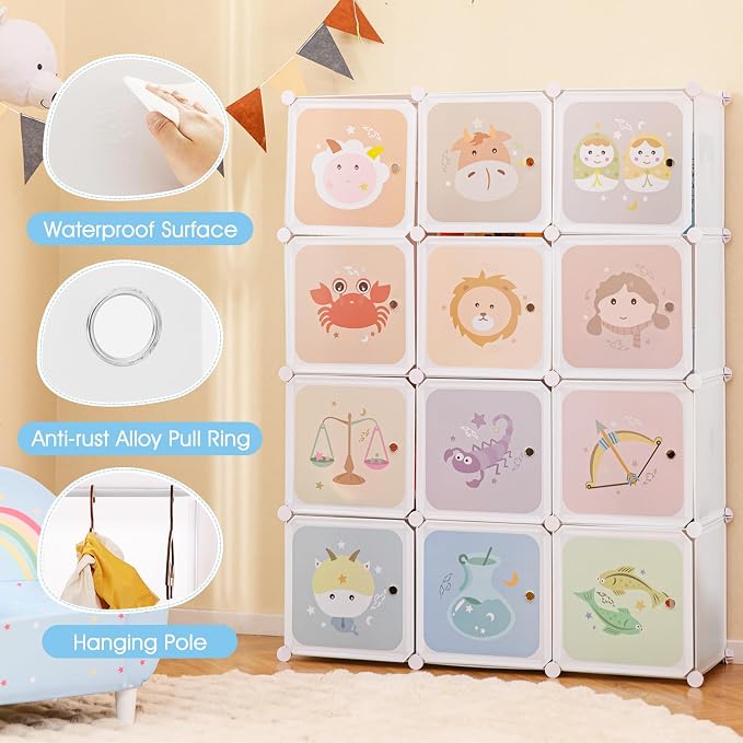 INFANS Children Wardrobe, Kid Closet Portable Baby Dresser Cute for Kids Bedroom Nursery Armoire with Doors 12 Cube 2 Hanging Sections, Kid Clothes Storage Organizer (Pink, 12 Cubes)