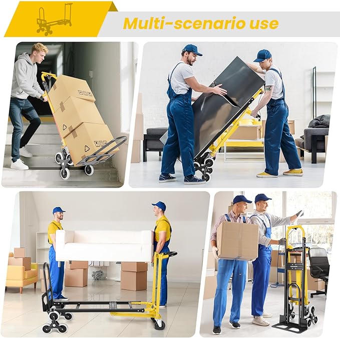 1000LBS Heavy Duty Aluminum Stair Climbing Dolly, 3 in 1 Convertible Hand Truck, Folding Hand Truck Dolly Cart with Solid Wheels for Moving/Travel/Office (Yellow)