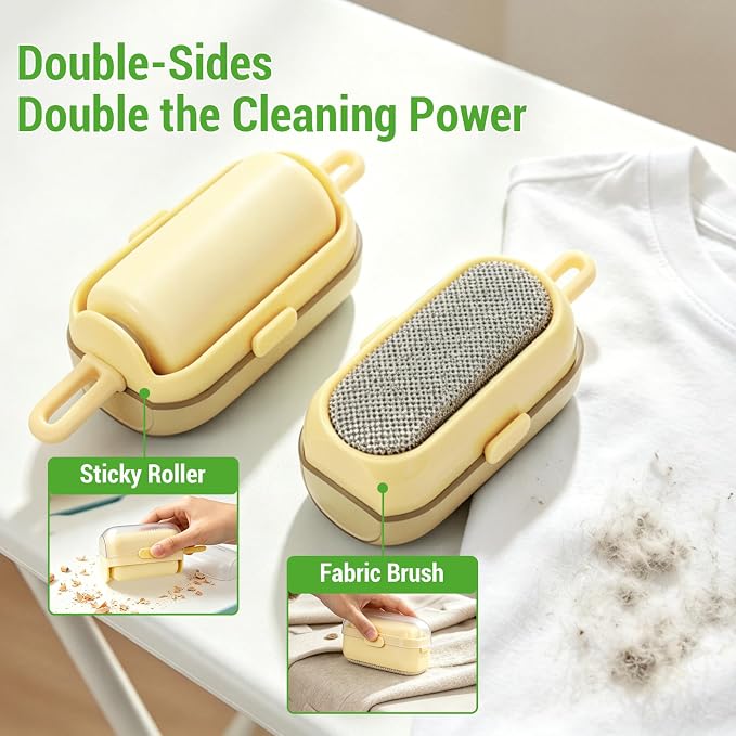 Mini Lint Brush/Roller, 2-in-1 Lint Remover, Yellow | Washable, Reusable Lint Roller, Portable Travel Size, For Pet Hair, Clothes, Carpet, Car, Includes Cleaning Brush