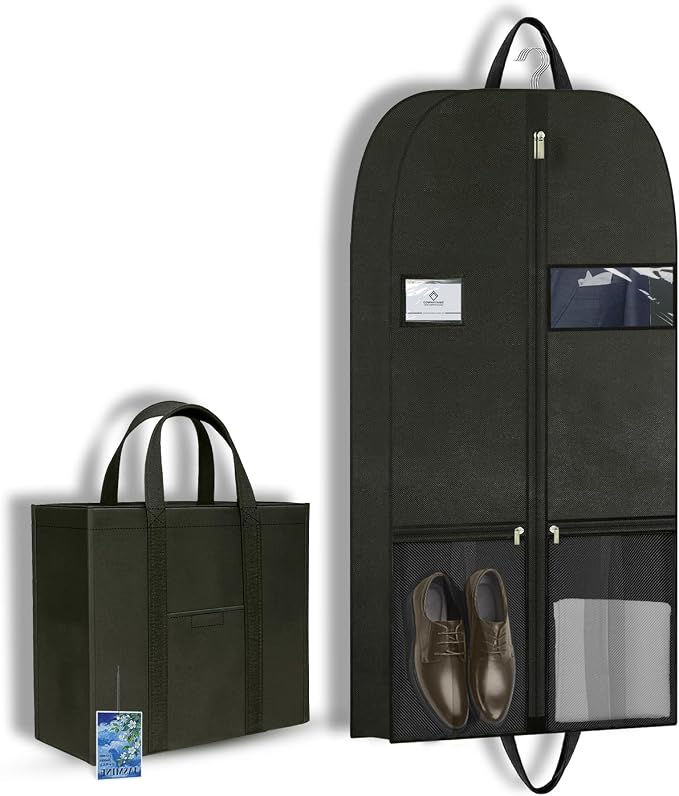 43" Garment Bag for Closet Storage, Travel Suit Cover for Hanging Clothes | Breathable garment cover with zipper and handles, protects suits, shirts, coats and jackets at home or on trips.