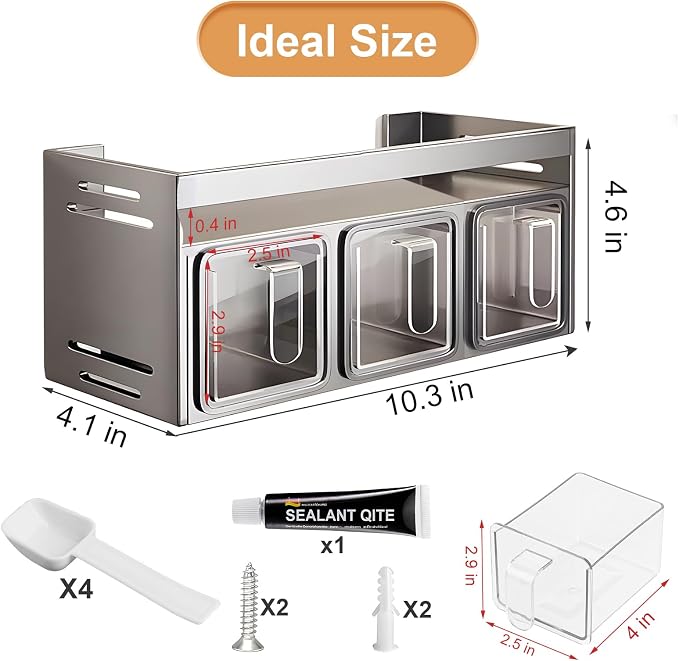 Kitchen Spice Rack, Kitchen Organizer and Storage Rack with 3 Spoons, Spice Organization for Cabinets Punch-free Wall/Countertop Home Decor Multifunctional Double Layer 3 Grid Condiment Rack, Gray