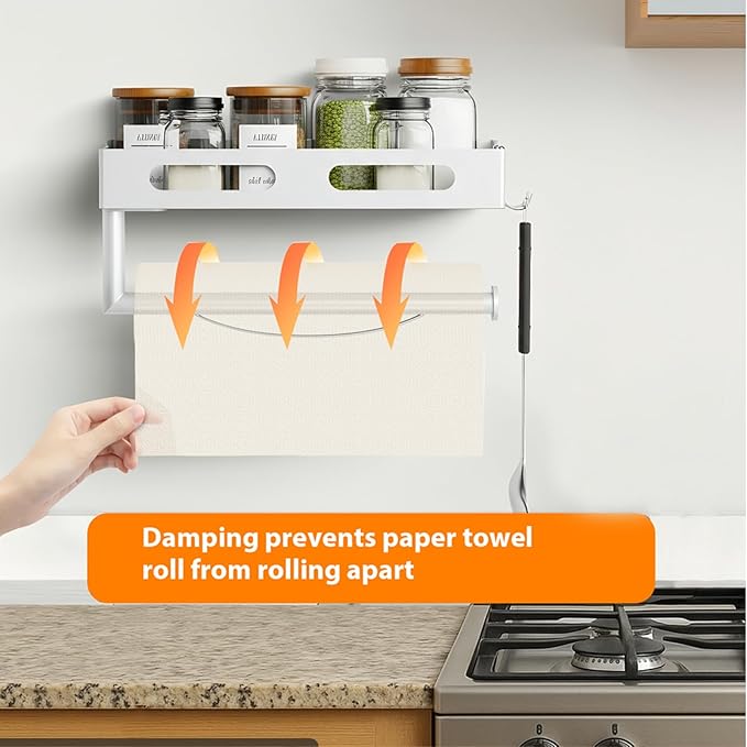 Paper Towel Holder Wall Mount for Kitchen, Paper Towel Holder with Shelf for Bathroom, RV Paper Towel Rack with 2 Hooks, White
