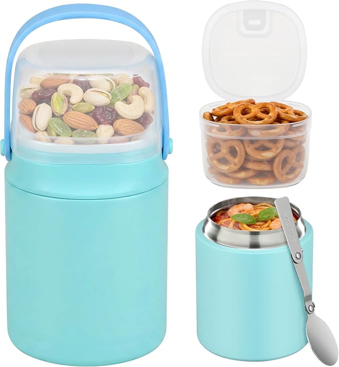 20oz Soup Thermo for Hot Food with a Snack Box Container，Leak Proof Insulated Lunch Container Kids and Adults，Stainless Steel Double Wall Vacuum Wide-mouth Food Jar with Spoon and Handle（Sky Blue）
