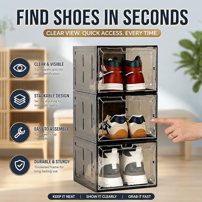 Translucent Black Shoe Storage Boxes, 2026 2nd Gen Thickened Hard Plastic Stackable Organizer with Magnetic Door, Folding Shoe Racks for Closet, Premium Sneaker Display Cases, 6 Pack