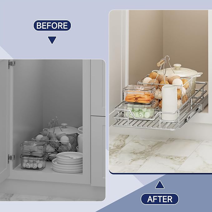 Pull Out Cabinet Organizer, 10.5" W x 18" D, Heavy Duty Chrome Slide Out Shelf for Narrow Base Cabinets, Sliding Wire Basket Drawer for Spices, Bottles, Snacks & Cleaning Supplies