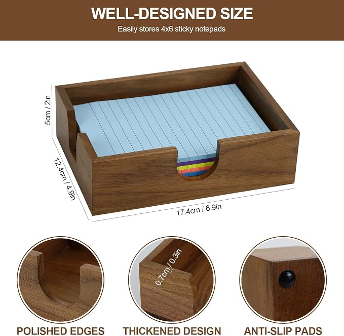 Buqoo 4x6 Walnut Wood Notepad Holder Sticky Notes Memo Pad Dispenser | Large walnut wood notepad holder with U-shaped opening, fits 4x6 sticky notes and keeps desk organized with natural style.
