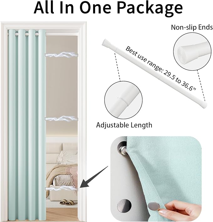 Vatge Closet Curtain for Open Closet, Blue Doorway Curtains with Rod and Magnetic Closure, 80 Inch Drape for Room Divider/Laundry Door/Kitchen Door, 1 Panel, W42 x L80, Aqua