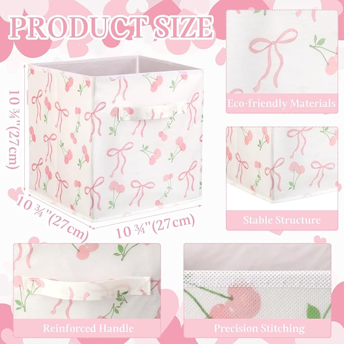 Geelin 6 Pcs Pink Bow Cherry Cube Storage Bins 11 Inch Storage Basket with Handle, Preppy Girls Organizer Basket, Collapsible Fabric Box for Classroom Bedrooms Office Home Decoration Gift