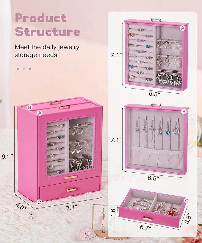Homde Display Jewelry Box for Girls: Starter Organizer with Clear Window | Vertical Drawers for Earrings Rings Necklaces - Compact Footprint Fits Small Vanities - Birthday&Graduation Gift for Teens