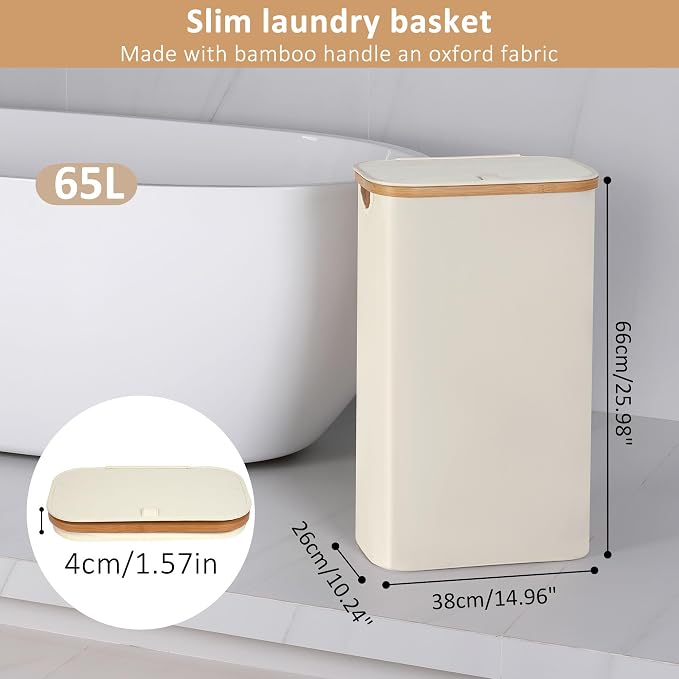 iEGrow 65L Slim Laundry Hamper, Narrow Laundry Basket with Lid,Foldable Clothes Hamper with Bamboo Handles,Hamper Basket with Removable Inner Bag for Laundry Room Bedroom College Dorm,17.17 Gals Beige