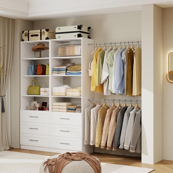 Closet System with Drawers, Wood Closet Organizer System with Adjustable Shelves and Extra Hanging Rod, 81"Tall Closet System for Small Closets, Modular Walk-in Closet System, White (4FT)