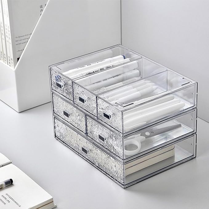 Desk Drawer Organizer, Stackable Plastic Storage Drawer, Grocery Organizer For Stationery/Office Supplies (New Clear, 2 Compartment)