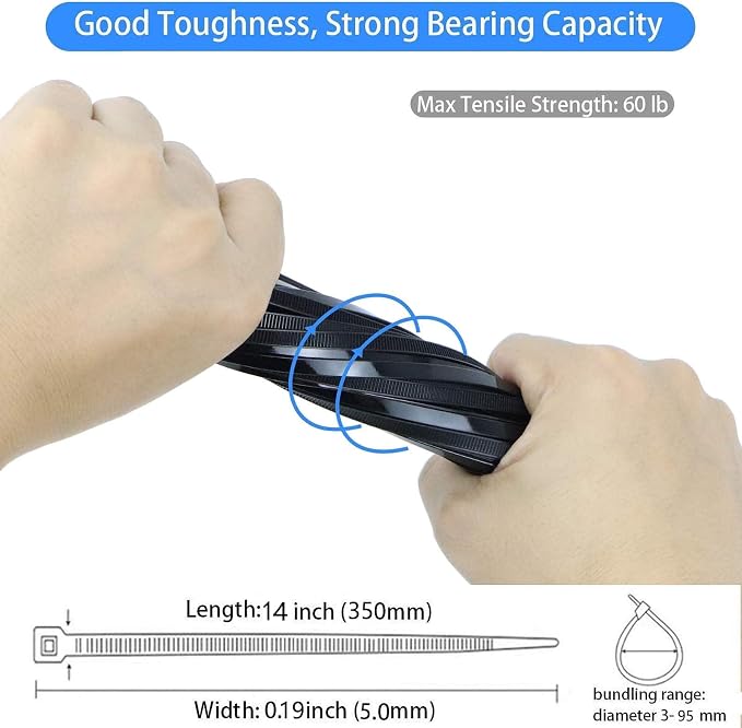 14 Inch Black Nylon Cable Zip Ties, 150 Pack | 60lb tensile strength, self-locking nylon ties, weather resistant indoor outdoor cord organizer
