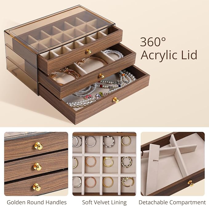 3 Layer Wooden Drawers Jewelry Box Vintage Style Jewelry Organizer with Acrylic Cover, Jewelry Storage Display Box for Ring Earrings Necklace Bracelet Box for Women and Girls(Walnut Color)(A)