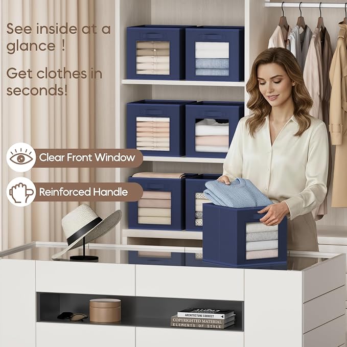 Homsorout Storage Cube 11 Inch - Cube Storage Bins with Window, Closet Storage Baskets with Handle, Fabric Bins for Closet, Shelves, Toys, Clothes, Set of 10, Navy Blue