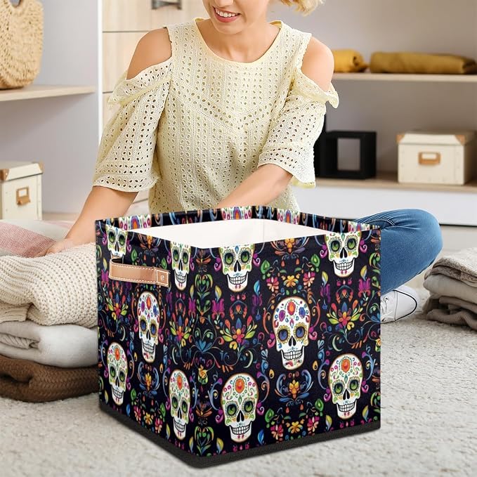 TropicalLife Flower Skull Storage Cube, 13 Inch Fabric Cube Storage Organizer Bin for Shelves Clothes, Decorative Foldable Storage Boxes