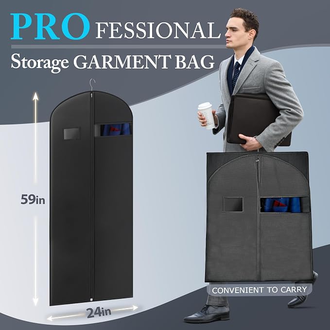 Hleelomi 60-inch Suit Bag Garment Bag for Travel and Storage, Garment Bags for Hanging Clothes with Zipper and Visible Transparent Window,1 Pack，Black