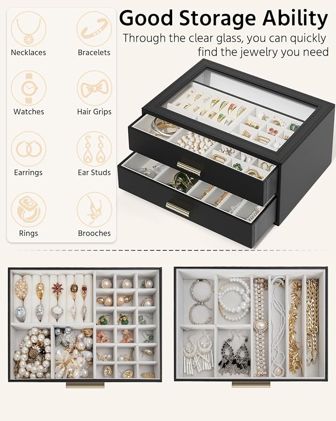 AKOZLIN Jewelry Box with Clear Lid Functional Leather Jewelry Storage Organizer Case 2 Drawers for Women Girls Necklace Ring Bracelet Earring