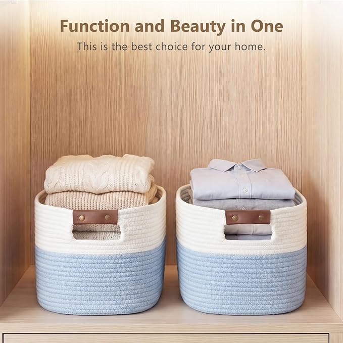 ECDYQXVU 15x10x9 Woven Cotton Rope Storage Basket, Leather Handles 1 Pack | Foldable Design, Sturdy PU Handles, Easy to Clean Organizer for Living Room, Closet, Shelves, Bedroom, Laundry, Clothes