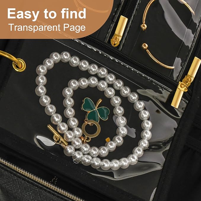 Leather Travel Jewelry Case Organizer,Jewelry Storage Book Binder with Clear Zipper Pouch & Lining-Portable Jewelry Bag for Earrings,Rings,Necklaces,Bracelets (3 PCS Black- Inner Pages)