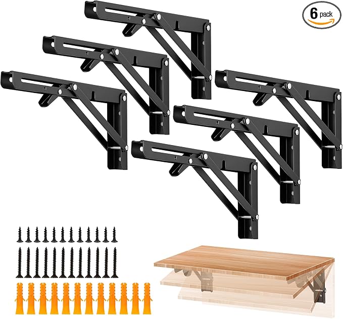 Ravinte Matte Black Folding Shelf Brackets, 10 Inch, 6 Pack | Collapsible Bracket Design, Table And Bench Support, Space-Saving Shelf Setup, For Worktops, Laundry Rooms, Garage Projects