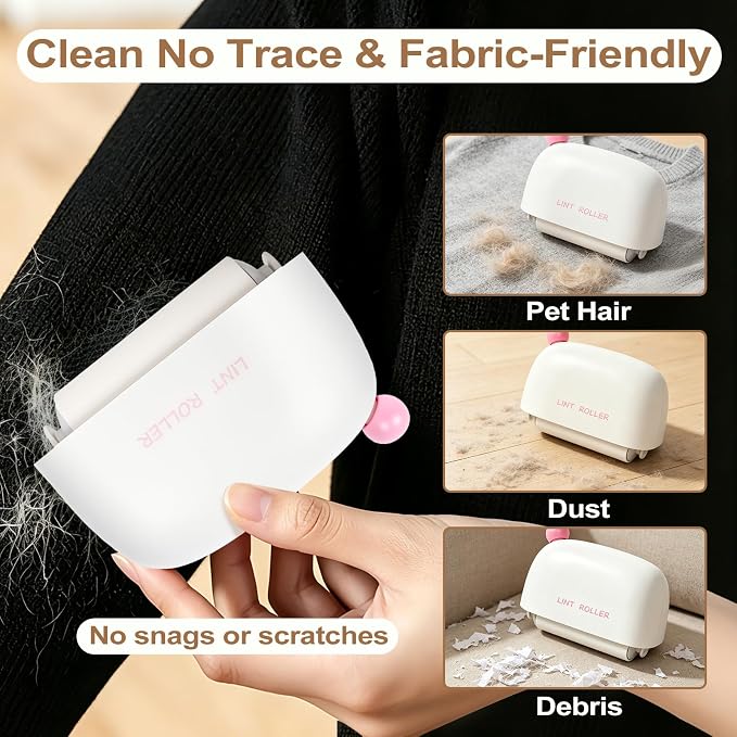 Disposable Mini Lint Roller with 4 Refills, PinkWhite | Portable, Easy Tear Residue-Free, Pocket-Sized for Travel Clothes, Furniture, Carpets, Pet Hair Remover, Fits in Wallet Bag