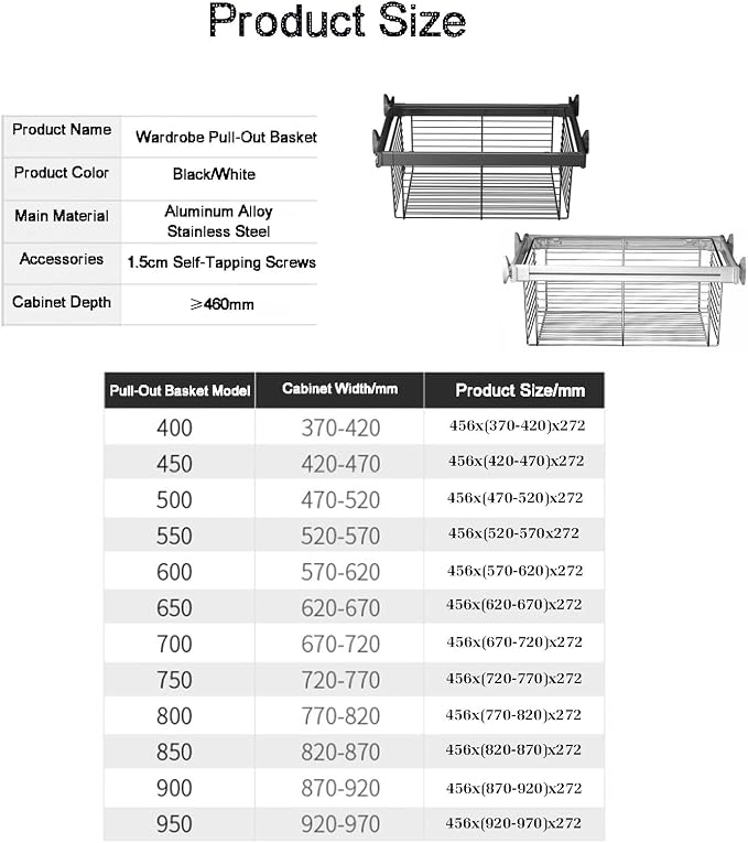 Adjustable Width Pull-Out Clothing Storage Basket,Pull Out Drawer Organizer Containers Storage Bin,for Home Office Bedroom Laundry Room(Color1,456x(870-920) x272mm)