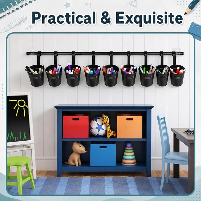8 PCS Black Metal Pencil Holder with Pipes Back to School Hanging Iron Small Pails Stationery Crayon Organizer First Day of School Black Buckets Classroom Pencil Holder for Students Crafts Party Favor