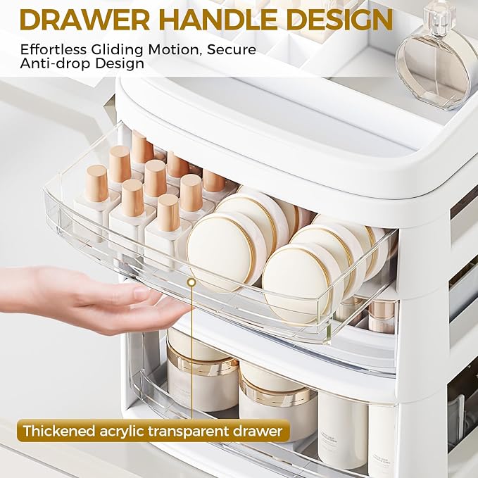 Rolling Cart with 6 Drawers, Clear Plastic Drawer Organizers, Dust Proof Under Desk Storage for Makeup, Skincare, Art Crafts and Baby Items, Acrylic Cosmetic Organizer with Dividers, Vanity Cart