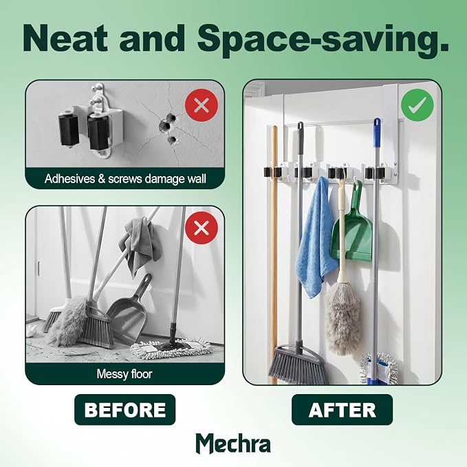 Over The Door Broom and Mop Holder, Heavy Duty Stainless Steel Organizer with 4 Slots and 3 Hooks, No Drilling Space Saving Tool Hanger for Kitchen, Laundry Room, Closet, and Garage - White