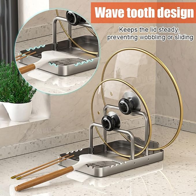 MiOYOOW Pot Lid Holder, Chopping Board Rack with Spoon Rest Non-Slip Pan Organiser for Baking Tray Cookware Kitchen Barbecue