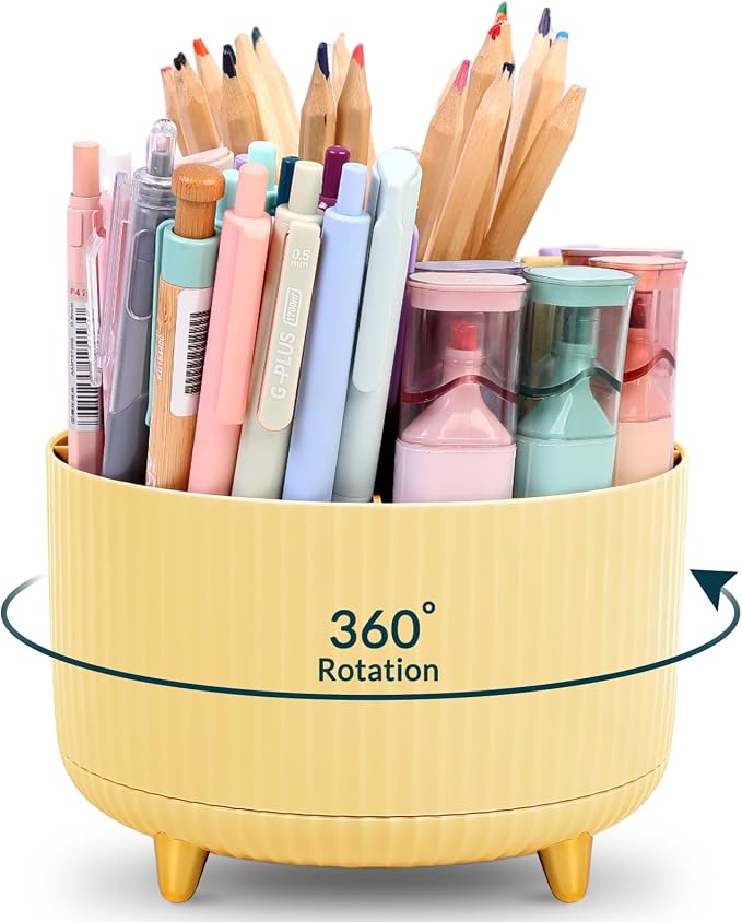 KONVINIT Pencil Pen Holder for Desk, 5 Slots 360-Degree Rotating Desktop Organizer, Cute Desk Organizers and Accessories for School, Home, Office and Art Supply, Yellow