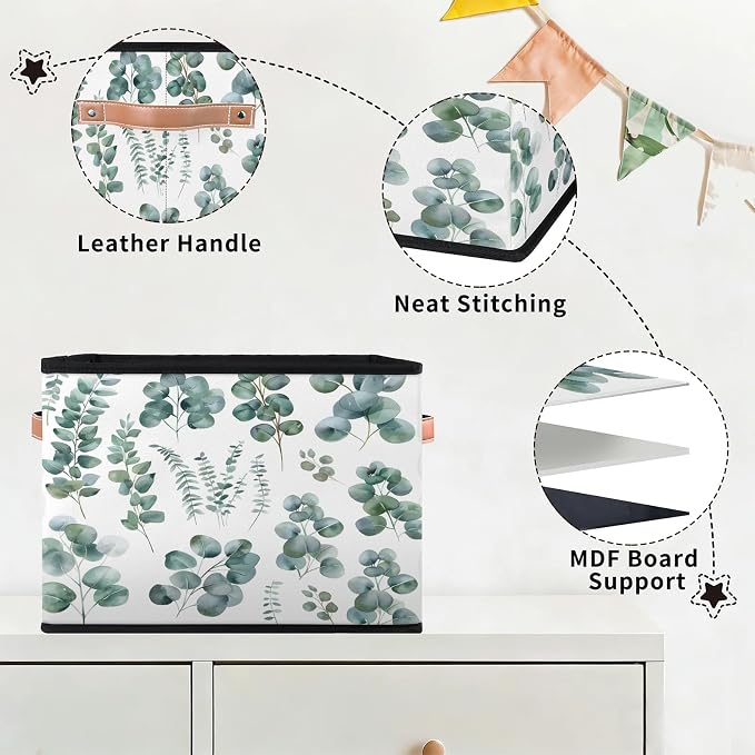 Green Eucalyptus Leaves Closet Storage Bin, Foldable Storage Baskets for Shelves, Decorative Shelf Organizer Eucalyptus Leaves Fabric Cube Bin for Living Room Bedroom Home Dorm