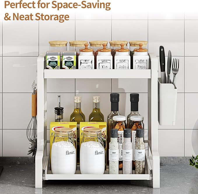 Spice Rack with Pull Out Drawer Counter Storage Organizer Metal 2-Tier | Rust-Resistant Holds 20 lbs Saves 50% Counter Space with Hooks & Hanging Basket for Kitchen Coffee Bar Bathroom Apartment