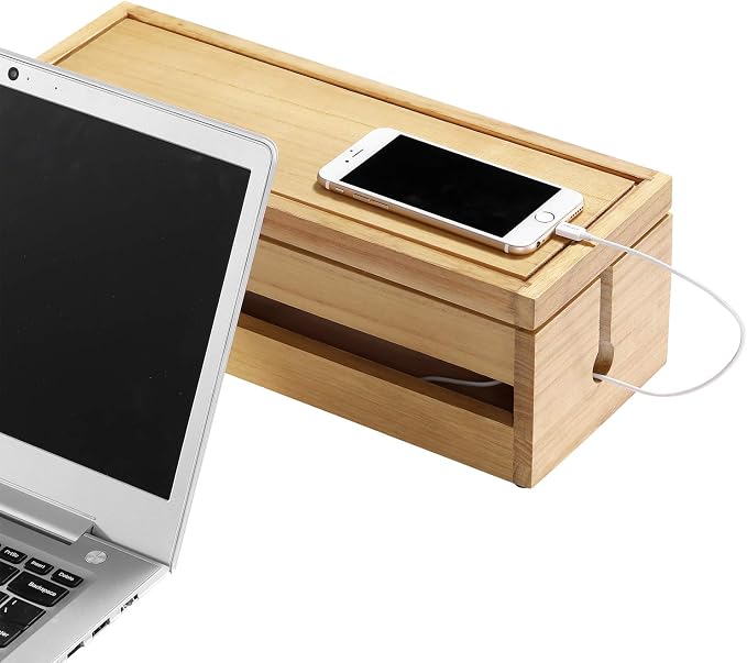 Changsuo Cable Management Box Wooden Cord Organizer Box for Extension Cord Power Stripe Surge Protector Wire Management Concealer Organizer Cover Hider for Desktop Home Office Kitchen (Light Natural)