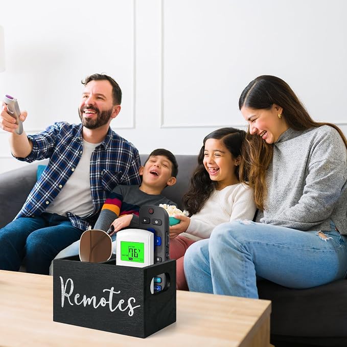 Remote Control Holder, Wooden TV Remote Holder for Table, Remote Caddy Organizer with 2 Compartments, Media Storage Box for Nightstand, Bedside (Black)